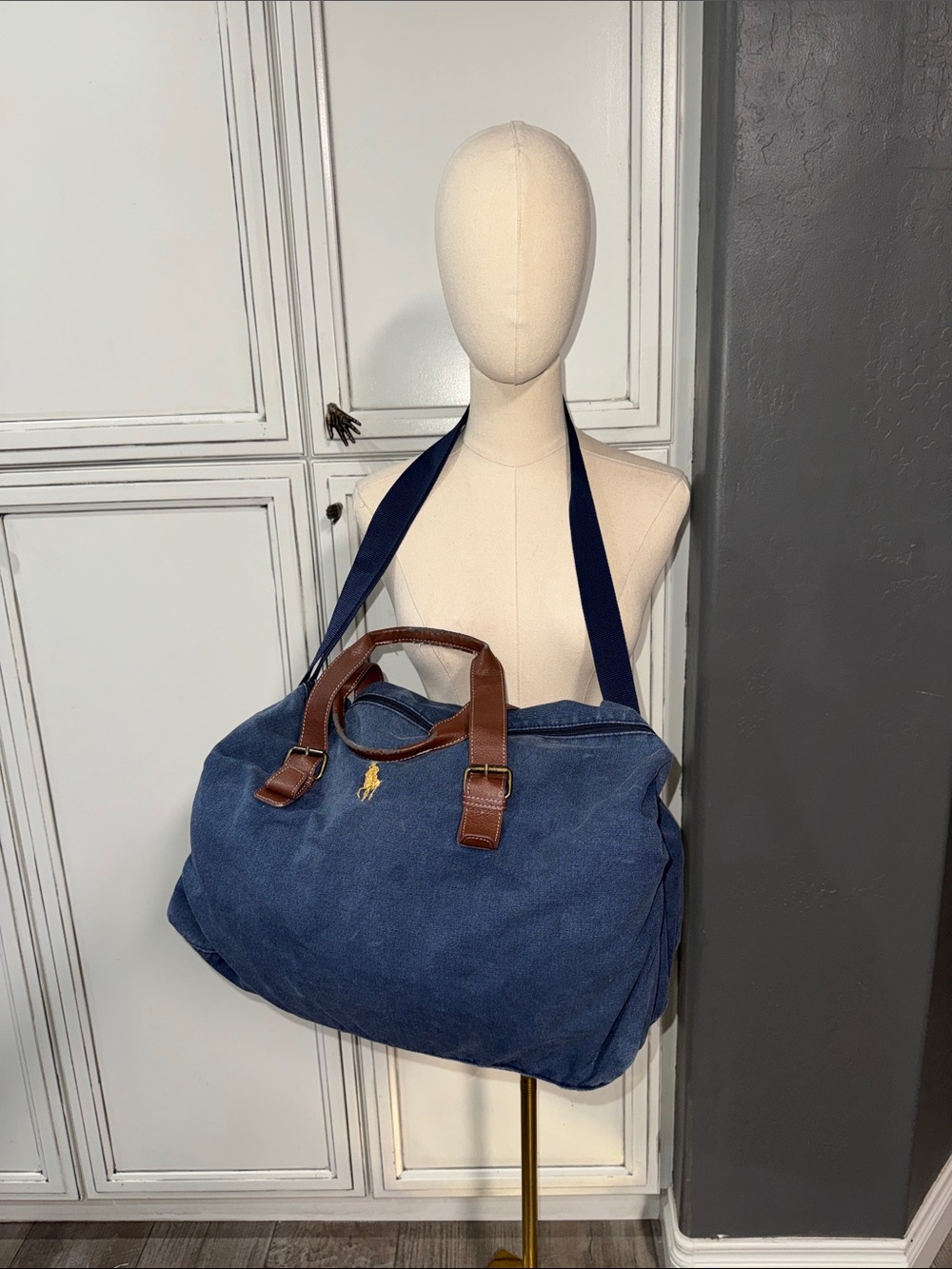 Vintage Polo Ralph Lauren navy blue canvas weekender duffel bag leather handles